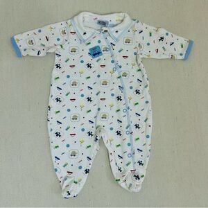Cuddle Bear Vintage Playful White and Blue 100% Cotton Baby Footie 0/3M